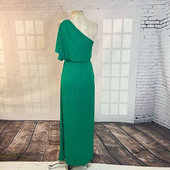 BCBGMaxazria Kendal One Shoulder Ruffle Side Slit Evening Gown Green Size 0 - Picture 7 of 11